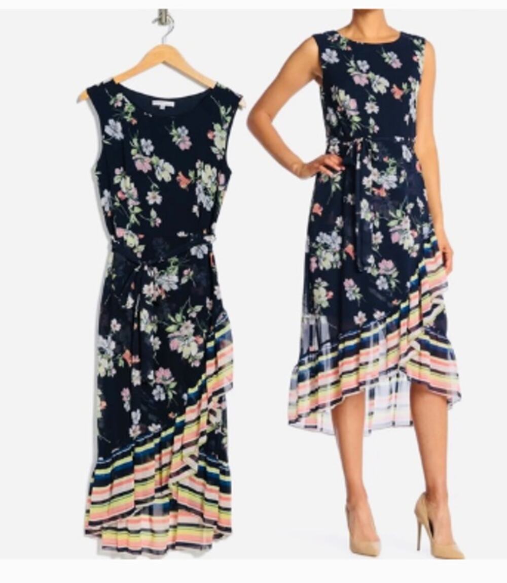 NEW Sandra Darren Casual Career Size 12 Multi Floral Faux Wrap Belted Dress